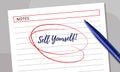 A sheet of paper and a pen. Caption `Sell yourself!`